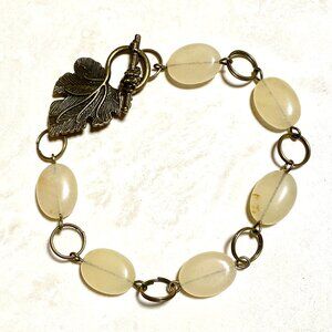 2/20, Natural Yellow Quartz Bracelet, Genuine Gemstone + Bronze Grape Leaf